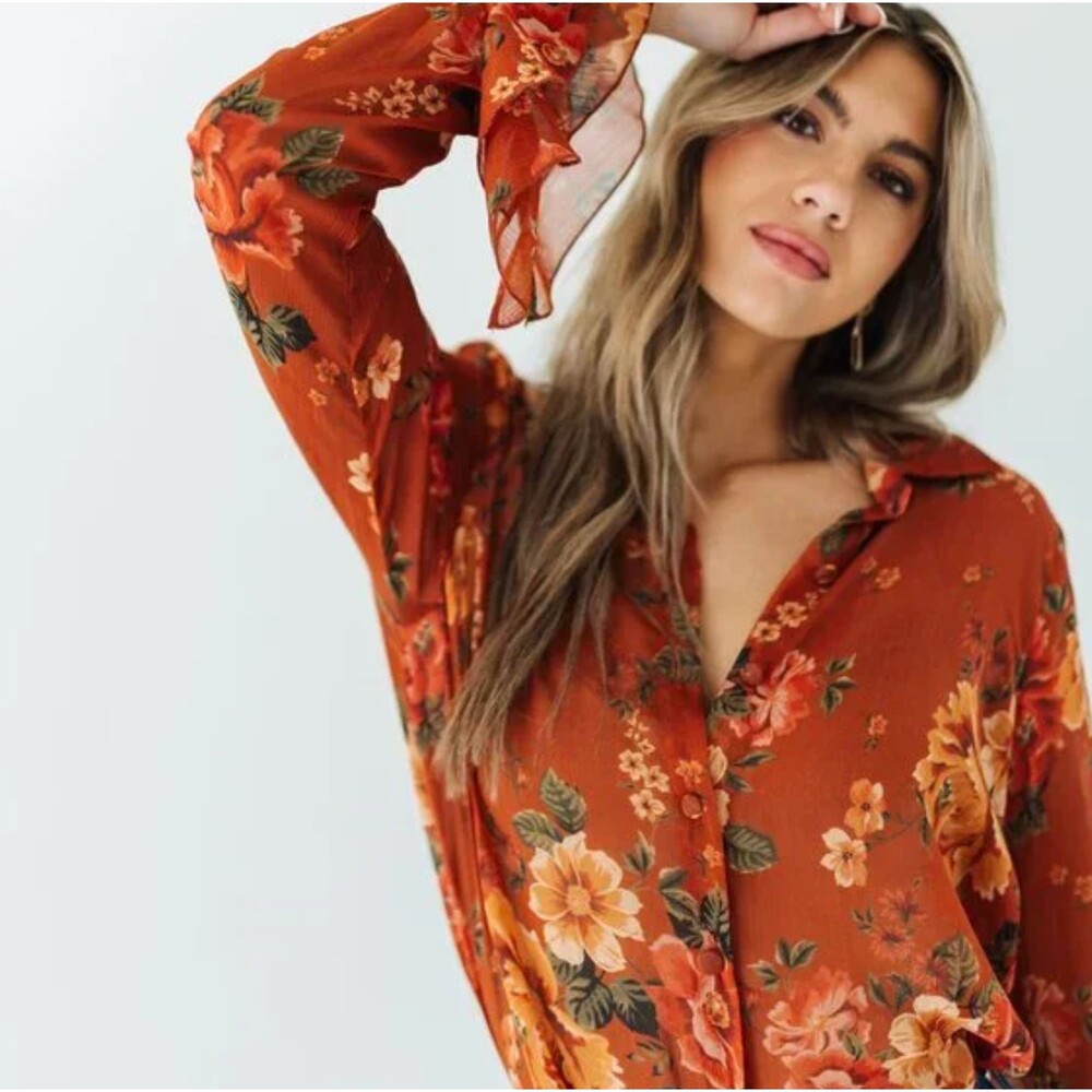 Show Me Your MUMU Carmela Top Garden Harvest Medium Rust Floral Tunic Chiffon